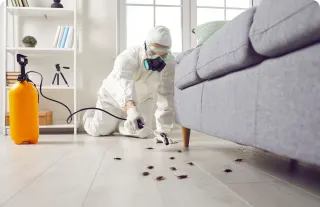 Technicien traitant le périmètre extérieur d'une maison
