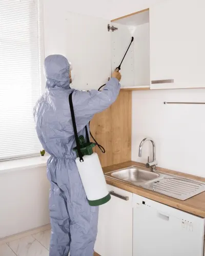 Technicien traitant sous un évier de cuisine